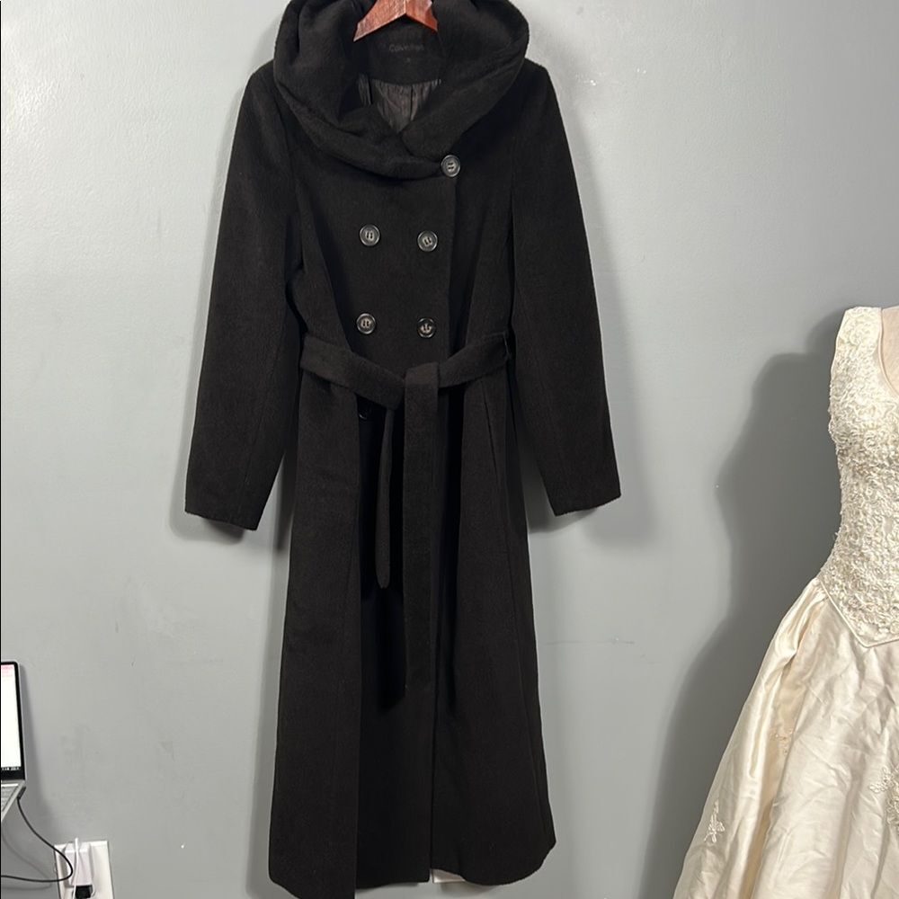 Calvin Klein Elegant Brown Wool Blend Belted Breast Collar  Coat size 14